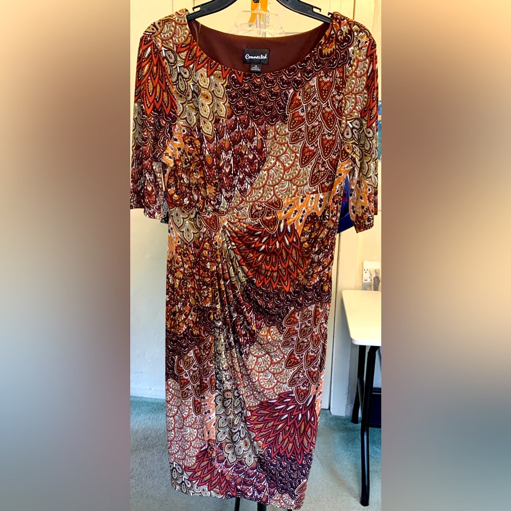 Connected beautiful elbow sleeve multicolor dress gathered pleats with overlay